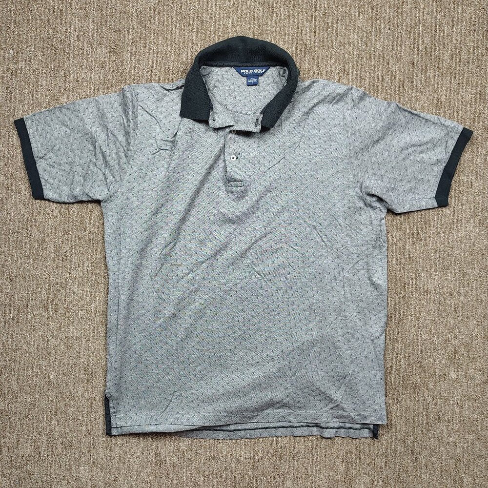 VINTAGE RALPH LAUREN POLO GOLF Shirt Men L Gray Diamond Print Short Sleeve Polo
